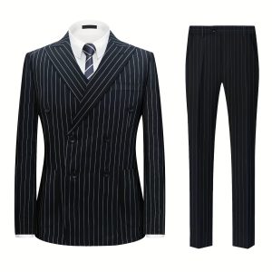 Men'S High-Quality Black Striped Suit with Double-Breasted Lapel Blazer & Pants - Formal Party & Wedding Attire, Non-Stretch Fabric, Long Sleeve, Regular Fit, All-Season Wear, Wedding Attire|Striped Pattern|Sleek Appearance