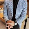 Men’s Fashionable Slim-Fit Striped Suit Jacket, Perfect for Business and Casual Wear. Designed to exude gentlemanly elegance, this stylish jacket is ideal for both formal office settings and social occasions. Its tailored fit and refined button details create a sophisticated business elite look, suitable for all seasons