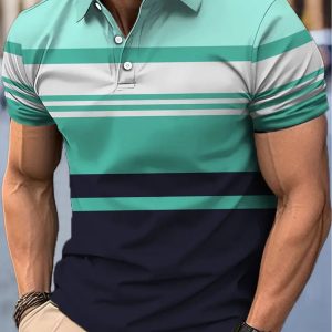 Men's casual striped golf shirt 100% polyester short sleeved lapel button detail with slight stretch knit fabric top regular version