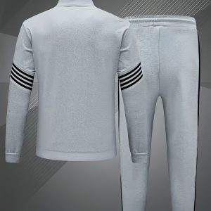 Men's Casual Sportswear Set with Threaded Weave Stitching Comfortable Full-Zip Jacket and Elastic Drawstring Waist Joggers Tracksuit Suitable for Gym Running and Leisure Wear, Workout Outfit, Activewear Set, Modern Activewear, Sporty Look, Reinforced Stitching, Breathable Material, Fullzip Top, Men'S Sportswear, Fitness Enthusiasts, Runners