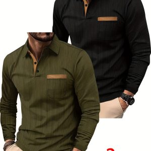Men'S Golf Shirt - Long Sleeve Button-Up Collar Shirt with Chest Pocket, Olive Greenu002F - Formal & Casual Golf, Office, Casual Attire - Machine Washable Polyester Shirt For Men, Golf Shirt, Office Attire, Classic Design, Durable Fabric, Versatile Top