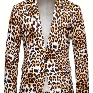 1pc Men'S Leopard Print Blazer - Casual Polyester Suit Jacket with Lapel Collar, Woven Non-Stretch Fabric, Skinny Fit for Fallu002FWinter
