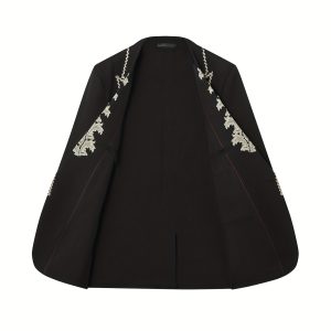 ARTUNICORN Men's Black Tuxedo with Golden Floral Applique & Peak Lapels - Regular Fit H-Shoulder Single-Breasted Suit for Weddings, Galas & Formal Events, Wedding Attire, Classic Evening Wear, Sophisticated Tailoring