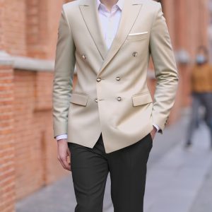 Navy Blue Men's Double-Breasted Notch Lapel Suit Jacket - Luxury Business Casual Coat with Golden-Tone Buttons, Regular Fit All-Season Versatile Formal & Casual Wear, Solid Color Design