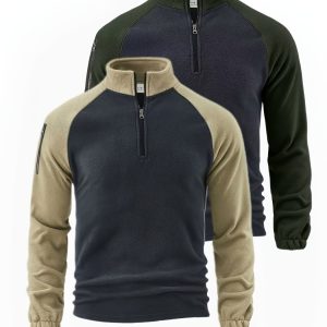 2pcs Men'S Double-Sided Fleece-Lined Zip-Up Henley Shirts - Stylish Stand Collar, Long Sleeve, Half-Zip Pullover Tops in Navy Blue & Beige, Perfect for Casual & Sporty Outfits, Autumnu002FWinter Wear, Casual Sportswear | Zipup Pullover | Fleece Lined