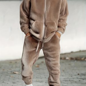 Men'S Solid Color Hooded Sweatshirt with Long Pants, a Thickened And Warm Two-Piece Set.