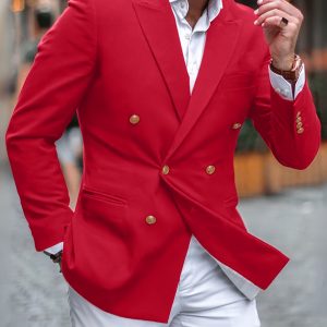 Men'S Solid Red Business Suit Jacket, Polyester 100% Non-Stretch Woven Fabric, Regular Fit Lapel Collar, Springu002FFall Season Work Style, 200gsm Weight