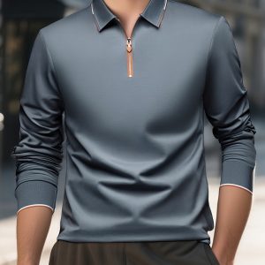 KAISER Men'S Long Sleeve Polo Shirt - Classic Solid Color, Comfortable & Stylish for Business Casual Wear, Zip-Up with Stand Collar, Regular Fit, Perfect for Fall, Business Casual Attire|Classic Polo Style|Zippered Pullover, Men Polo Shirt High Quality, Men Polo Shirt For Men, Men Polo Shirt Men, Men Polou002Fgolf Shirt, Men Clothe, T Shirt Men, Men Shirt