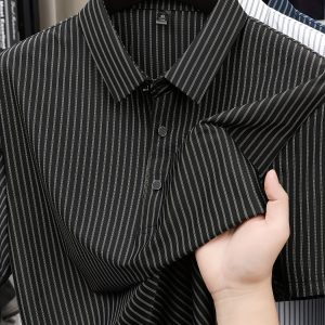 Men'S Casual Striped Short Sleeve Polo Shirt - Summer Fashion, Button-Up Design, Non-Stretch Fabric, Ideal for Casual Attire, Summer Casual Wear | Classic Polo Style | Buttonup Shirt