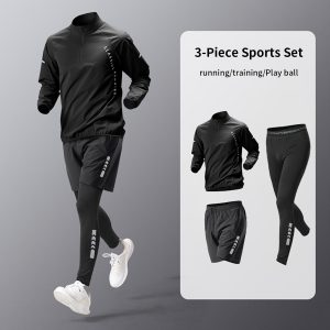 3-Piece Men's Quick-Dry Sportswear Set, Including New Henley T-Shirt Long Sleeve Top, Pocket Zipper Drawstring Shorts, and High-Elasticity Leggings - Polyesteru002FSpandex Blend, Suitable for Outdoor Leisure, Running, Fitness, Basketball, and Training