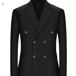 Men's Casual Striped Double-Breasted Suit Jacket - Regular Fit, Suitable for Business, Beach, Travel & Evening Outings - Versatile Formal and Casual Wear for All Seasons, Trendy Men's Fashion