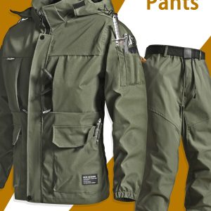 Men's suit workwear Spring and Autumn thin jacket hooded multi pocket zipper wear-resistant jacket Men's jacket jacket set long pants outdoor hiking