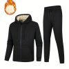 Casual Men’S Hooded Sweatshirt and Sweatpants Set – Polyester, Solid Color, Slight Stretch, Knit Fabric, Fallu002FWinter, Regular Fit with Pockets – Fleece-Lined Warm Tracksuit