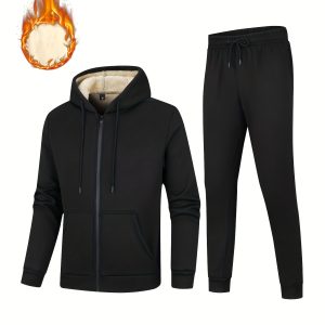 Casual Men'S Hooded Sweatshirt and Sweatpants Set - Polyester, Solid Color, Slight Stretch, Knit Fabric, Fallu002FWinter, Regular Fit with Pockets - Fleece-Lined Warm Tracksuit