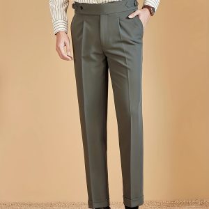 Men'S Casual Business Suit Pants, Mid-Waist Naples Trousers with Button Detail, Regular Fit, 80% Polyester 16% Viscose 4% Spandex, Slight Stretch, Solid Color, Woven Fabric, 300gu002Fm, for Fallu002FWinter Season