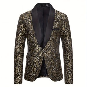 Men'S Stylish Blue Jacquard Blazer - Casual Single-Breasted with Shawl Collar, Long Sleeves, and Side Pockets for Fallu002FWinter, Casual Attire, Winter Outerwear, Sophisticated Tailoring