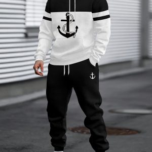Men's Two-piece Set of Printed Color-block Hoodie and Jogging Pants with Drawstring