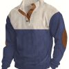 Three-Piece Set of Men’S Long-Sleeve Color-Blocked Corduroy Sweatshirt – Casual Stand-Up Collar, Long Sleeves with Ribbed Cuffs And Hem, Button Details, Machine Washable – Elegant Gray And Brown Splicing for Autumn And Winter, Fashionable for Fall | Two-Tone Design | Stretchable Material