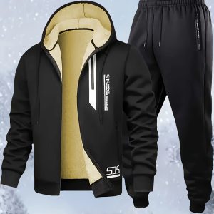 Men'S Heavyweight Winter Jacket & Pants Set - Thermal Insulated Hooded Zip-Up Coat with Full-Zip Closure, Thick Non-Stretch Fabric