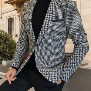 New Season Retro Houndstooth Suit Jacket ?? Men's Light Luxury Business Casual Double-Breasted Tweed Fabric ?? Black High Collar Sweater Set | Reshaping Modern Gentleman Elegance
