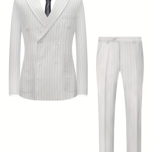 2pcs Men'S Stylish Striped Suit Set with Pinstripe Briefs - Elegant Business Casual Party Attire, Perfect for Formal Events, Formal Attire|Striped Pattern|Button Detail