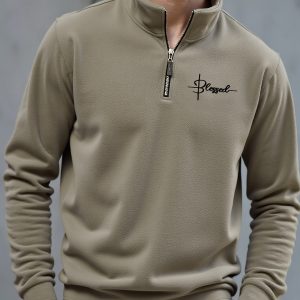 2pcs Men's Retro Half-Zip Henley Sweaters with Embroidered Logo, Stand Collar & Metal Zippers - Light Beige & Black, Machine Washable Long Sleeve Pullovers for Autumnu002FWinter, Autumn Fashion, Vintage Style, Quality Stitching, Zipup Top, Mature Style