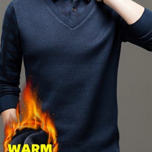 New Autumn And Men'S Polo Shirt with a Faux Two-Piece Design, Featuring a Checkered Collar And English Letter Decoration on The Chest. This Knitted Pullover Is Thickened And Lined for Warmth And Comfort, Making It a Stylish Casual Wear Option for Daily Outings. It Can Be Worn As an Inner Layer Or on Its Own, Available in Three Colors, Perfect As a Gift for Men.