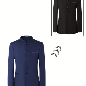 Men'S Chinese-Style Stand Collar Blazer with Black Buttons & Pockets - Solid Black Casual Business Jacket for All Seasons, Formal Attire, Classic Design, Smooth Texture