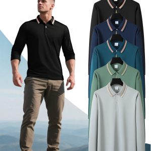 5pcs Men'S Long Sleeve Shirts, Multi-Color Set with Contrast Collar, Stylish and Versatile for Daily Wear, Hiking, Walking, Casual Outings, Gatherings, Traditional Fit Knit Fabric Pullover, 150gu002Fm Weight, Men Polo Shirt High Quality, Men Clothe, T Shirt Men, Golf Shirt For Men, Men Shirt