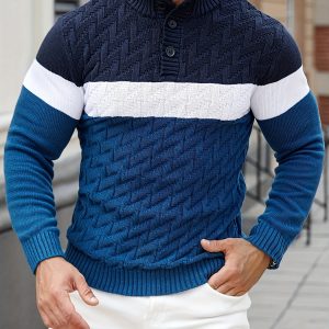 Men'S Casual Stand Collar Pullover Sweater - Stylish Quarter Button Geometric Knit Design, Long Sleeve, Regular Fit for Fallu002FWinter
