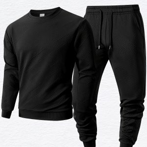 Men's Casual Round Neck Knit Jacquard Set, Jacquard Round Neck Sweatshirt and Drawstring Pants 2pcs Set, Suitable for Daily Leisure, Sports, Outdoor Activities