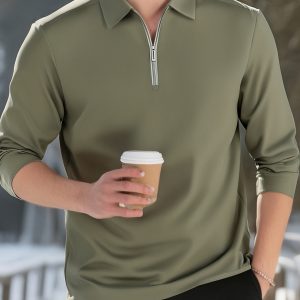KAISER Men's Solid Olive Green Shirt - High-Stretch Wrinkle-Resistant Long Sleeve, Zip-Free Half-Zip Design, Elegant Collar & Smooth Texture for Business Casual, Wedding, Casual Attire - All-Season Versatile Tunic or Formal Attire - Easy-Care Hand Washable (Ideal for Office & Formal Events) - Men's Fashion Shirt in Solid Color with Zipper Detail, Comfortable & Stylish Fit, High Quality Business Casual Shirts for Men