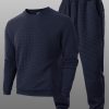 Men’S Solid Color Jacquard Crew Neck Sweatshirt and Jogger Set, Casual Sporty Long Sleeve Drawstring Pants Two-Piece Outfit with Hooded Pullover Suitable for Daily Wear, Hiking, Travel, Outdoor Activities, Knit, Waffle Thermal, Men Trendy Jumper, Men’S Sweatshirt, Men Clothes, Men Sport Suit