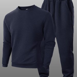 Men'S Solid Color Jacquard Crew Neck Sweatshirt and Jogger Set, Casual Sporty Long Sleeve Drawstring Pants Two-Piece Outfit with Hooded Pullover Suitable for Daily Wear, Hiking, Travel, Outdoor Activities, Knit, Waffle Thermal, Men Trendy Jumper, Men'S Sweatshirt, Men Clothes, Men Sport Suit