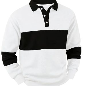 Minghuixuan Men'S Button- Collar Striped Henley Sweater - Color Block Design with Black & White Stripes, Long Sleeve Pullover for Springu002FFall, Regular Fit Casual & Semi-Formal Wear, Knit Sweater, Autumn Apparel, Classic Stripe Pattern, Durable Knitwear, Fall Wardrobe, Quality Stitching, Adult Clothing