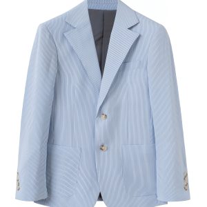 Men'S Light Blue & White Striped Casual Blazer - Long Sleeve, Lapel Collar, Regular Fit with Pockets, Perfect for Springu002FSummeru002FFall, Spring Summer Jacket | Classic Striped Blazer | Nonstretch Fabric
