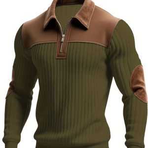 Men's 2-in-1 Color-Block Sweshirts - White & Brown Stand Collar Zipper Jacketu002FPullover, Thick Warm Winter Sweater for Fall, Machine Washable Casual Outerwear Suitable for Daily Wear & Commuting