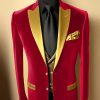 Men’s Stylish Red & Golden Two-Tone Blazer, Single Breasted Lapel Suit Jacket with Black Pinstripe, Polyester, Regular Fit, for Business & Formal Occasions, Spring Autumn Blazer | Stylish Men’s Jacket | Decorative Buttons
