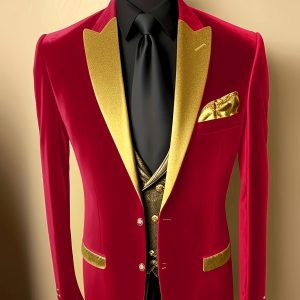 Men's Stylish Red & Golden Two-Tone Blazer, Single Breasted Lapel Suit Jacket with Black Pinstripe, Polyester, Regular Fit, for Business & Formal Occasions, Spring Autumn Blazer | Stylish Men's Jacket | Decorative Buttons